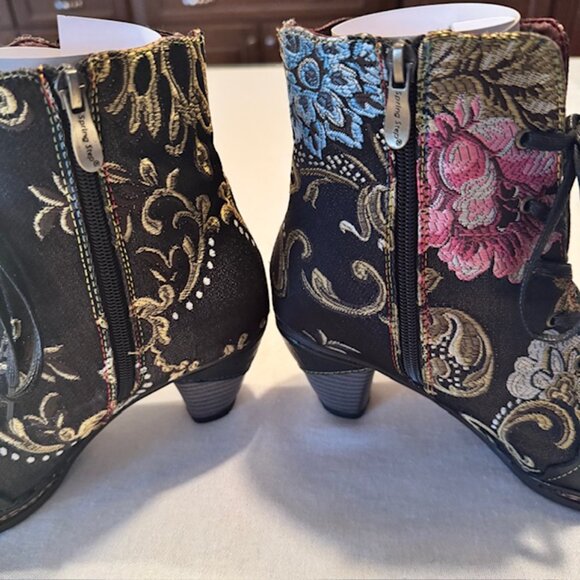 L' Artiste Siren Black Floral Side Zip Ankle Boots - Size 38 (7.5-8) New in Box - Picture 4 of 11